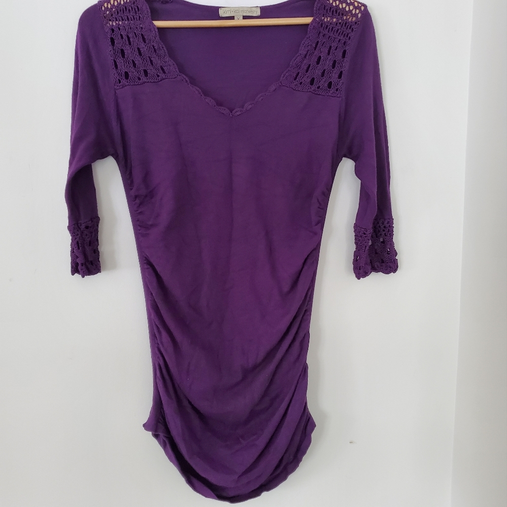 KIMI + KAI Maternity M Purple Sweater Crochet 3/4 Sleeve V Neck Stretch Comfy